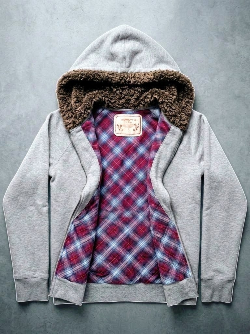 Mossimo Supply Co. Gray Hooded Jacket with Brown Sherpa Trim & Plaid Lining